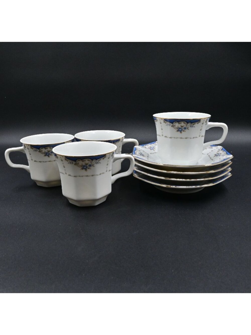 Seizan Mood Indigo 7936 Tea Cup & Saucer Set Octagonal Shape Set Of 4